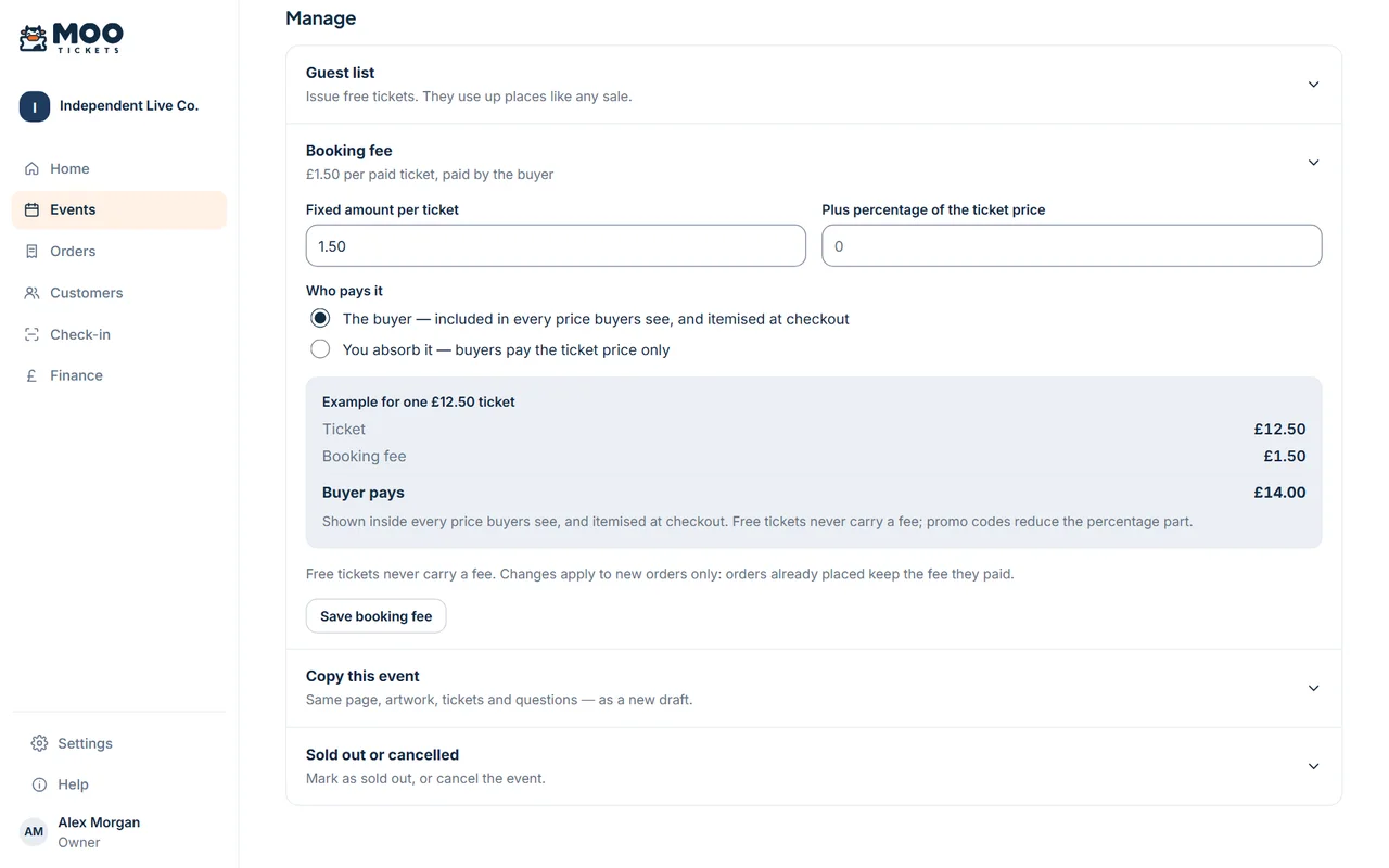 The booking fee setting in the MOO dashboard: a fixed amount and a percentage per ticket, who pays it, and a live example of what the buyer pays.