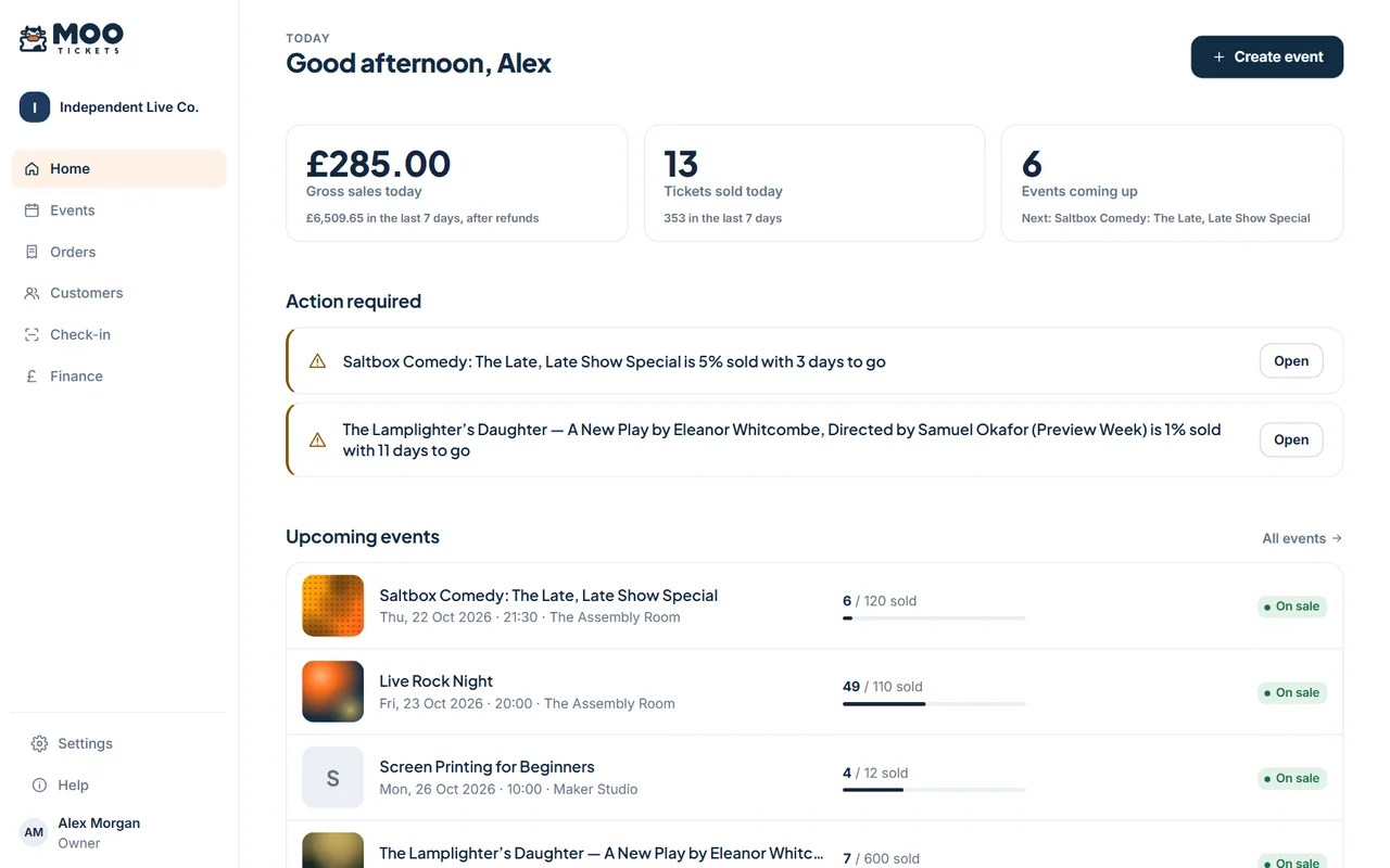 The MOO dashboard home: today’s sales and tickets, alerts for events selling slowly, and upcoming events with tickets sold against capacity.
