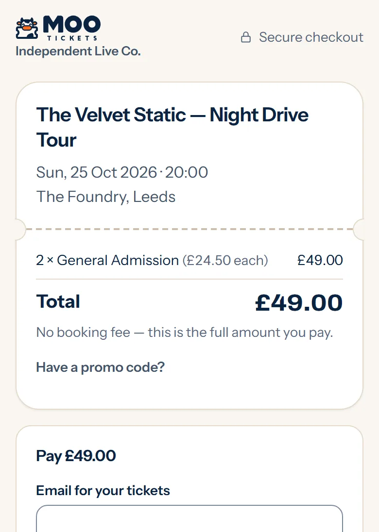 The MOO checkout on a phone: the event, two General Admission tickets with their total, and the email for the tickets.