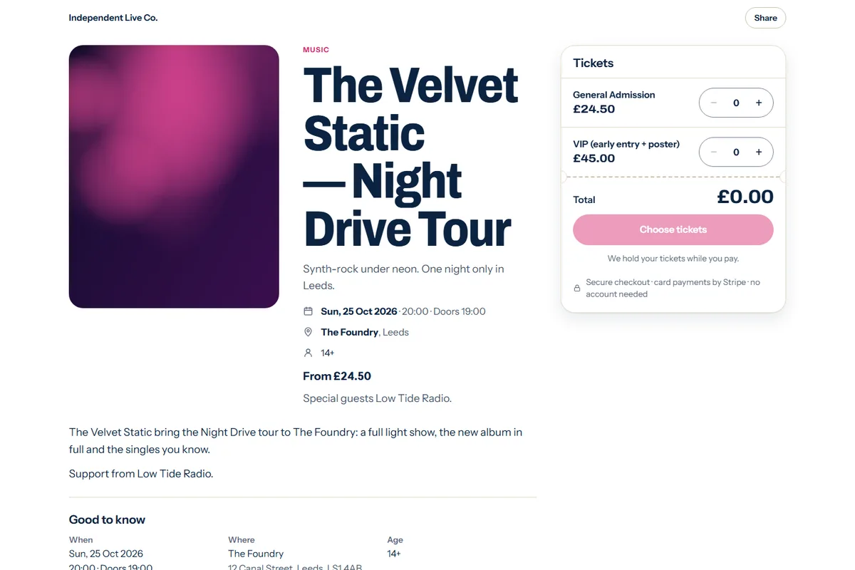 A MOO event page: the event artwork, title, date and venue, with a tickets panel listing General Admission at £24.50 and VIP at £45.00.